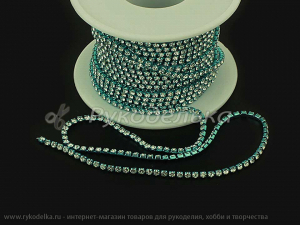 Стразовая лента. Серебристые стразы ss6 (основа голубая). 10см.