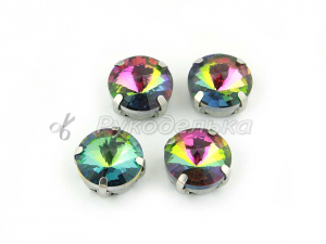 Стразы в цапках. Круг 12мм. Зеленый хамелеон (серебро)